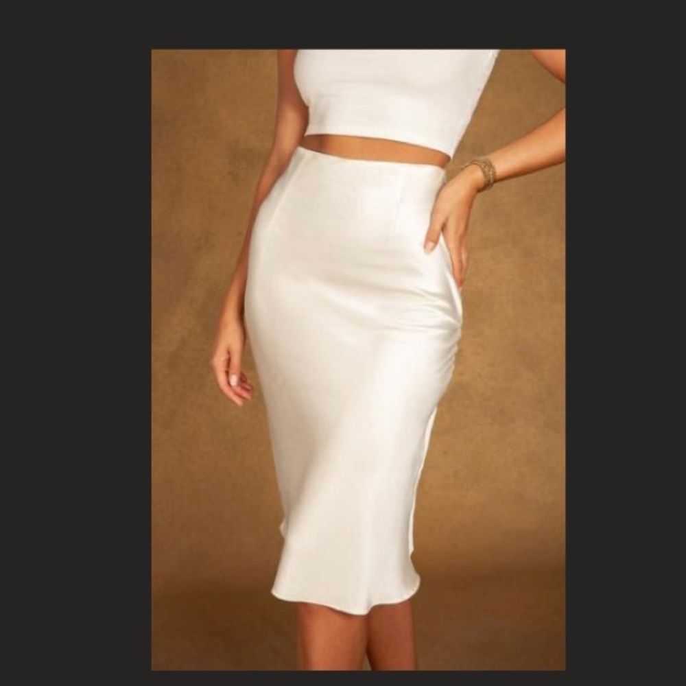 Meshki Ivory satin midi skirt